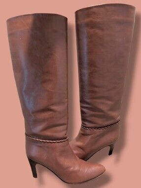 Hana Mackler Vintage 80s Brown Leather Braided Knee High Heeled Boots 9